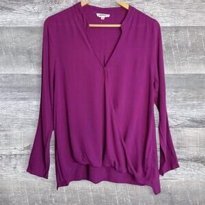 EE:SOME Crossover Surplice Top Womens S Magenta V-Neck Bubble Hem Long Sleeve
